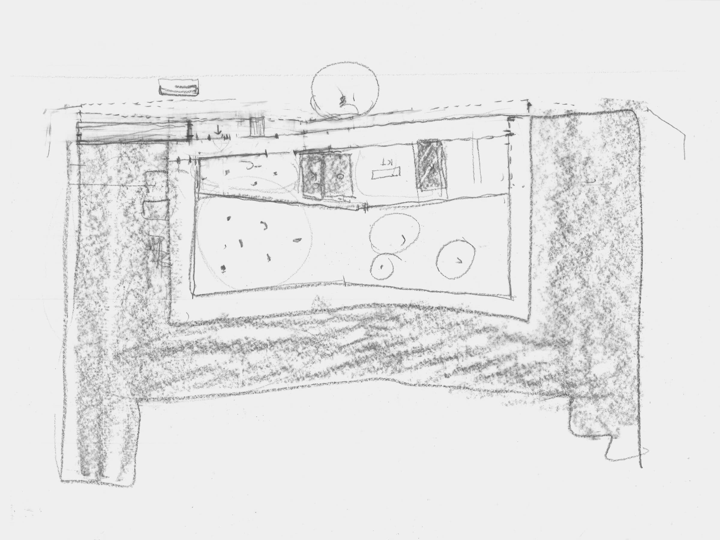 Sketch: ground floor plan with shared rooms to the street