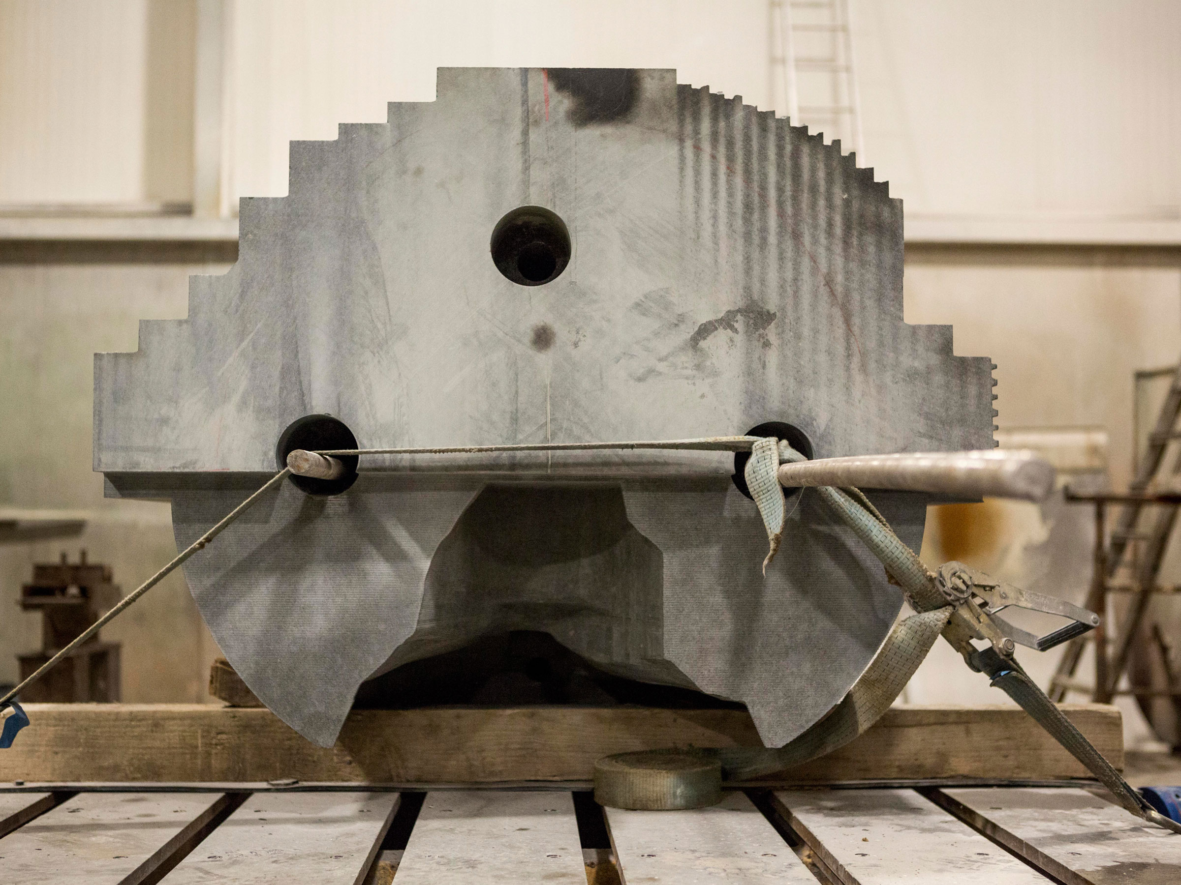 Cutting and polishing the two black granite sculpted furnaces by Roger Hiorns – at the workshops of S McConnell & Sons.