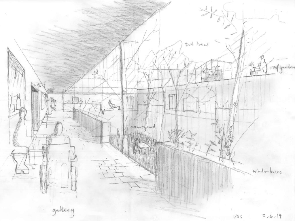 Sketch of Almshouse courtyard