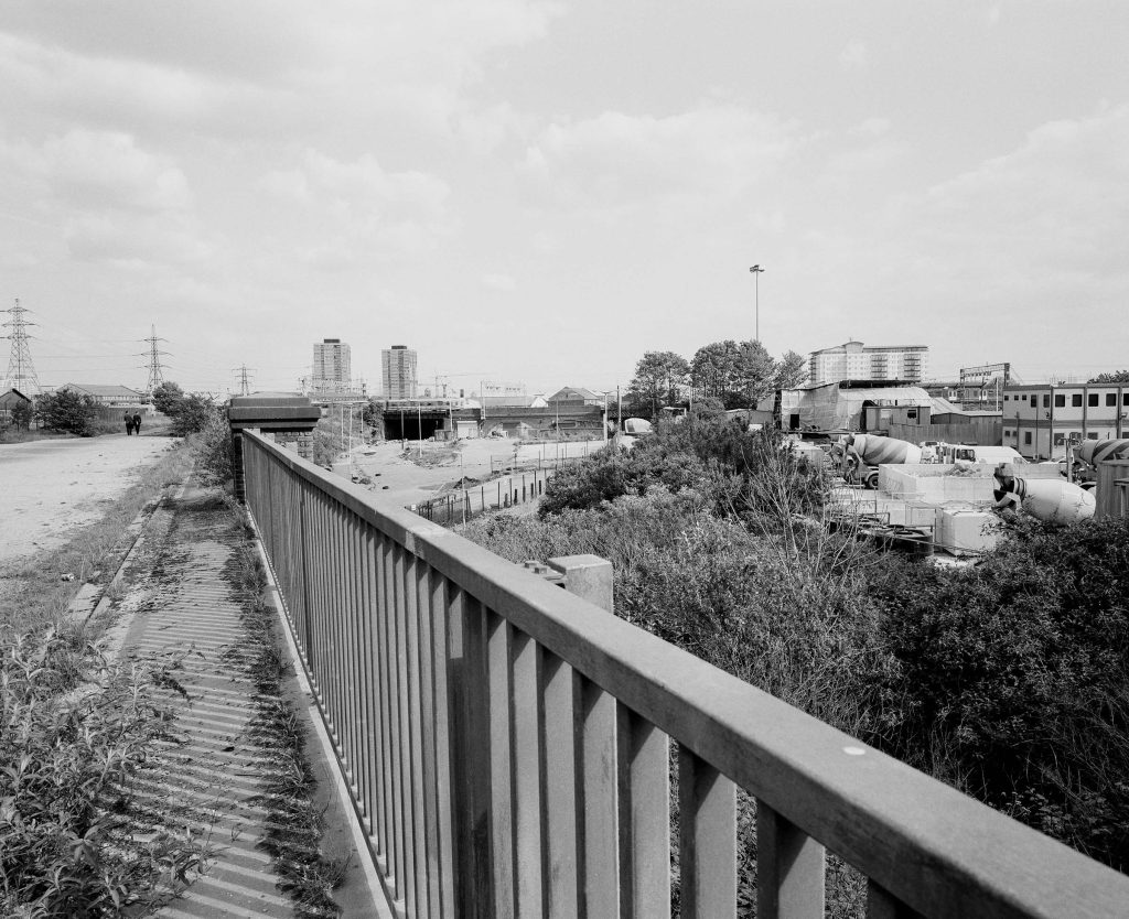 Black and white photo of East London skyline
